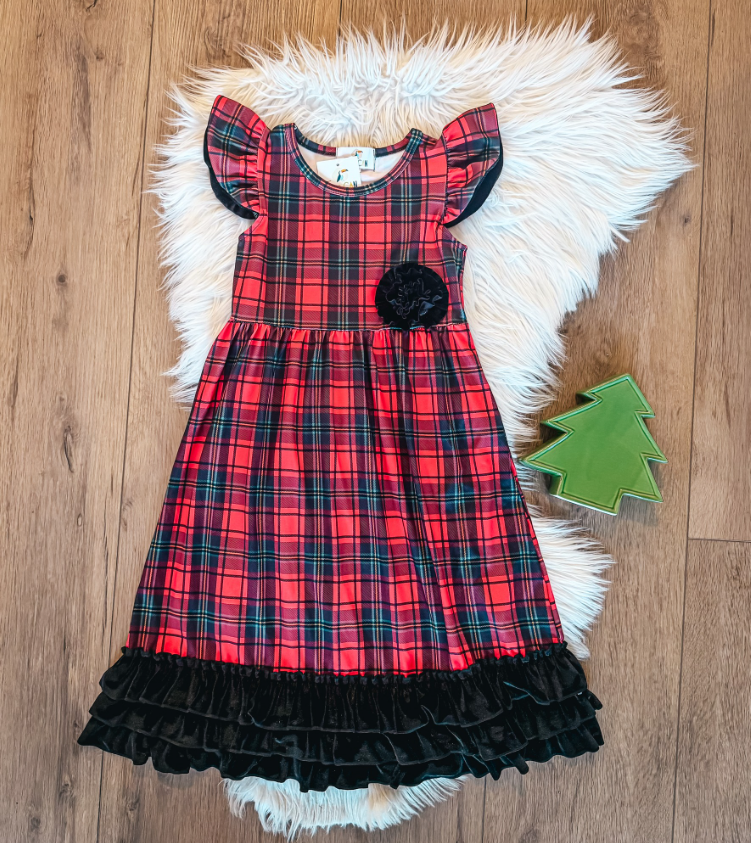 Red Plaid and Velvet Maxi Dress