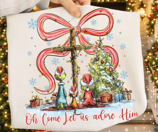 Oh Come Let Us Adore Him - Green Guy Adult Tee