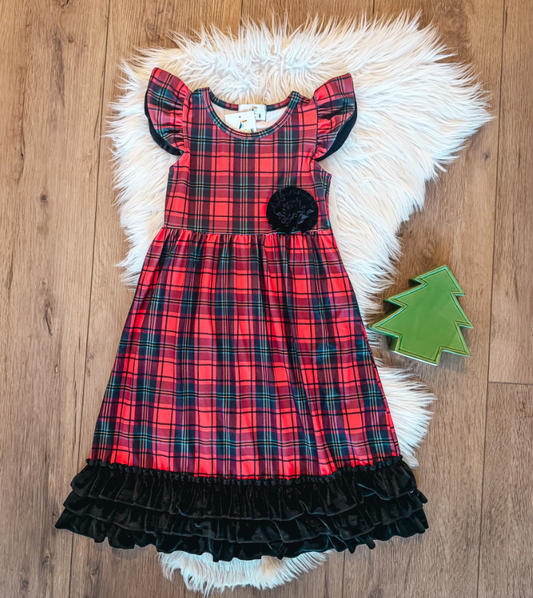 Red Plaid and Velvet Maxi Dress