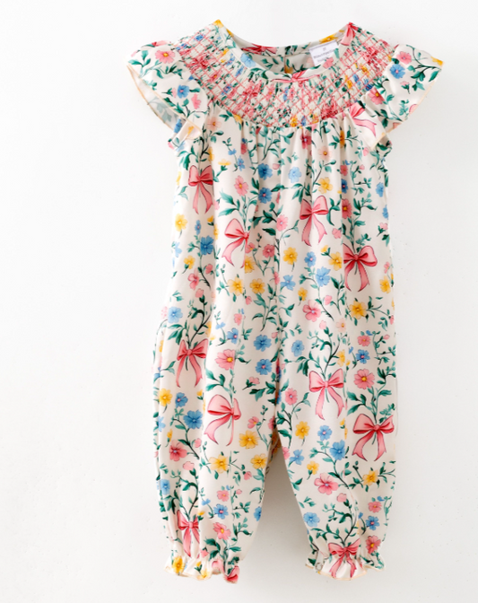 Bow Garden Smocked Baby Romper